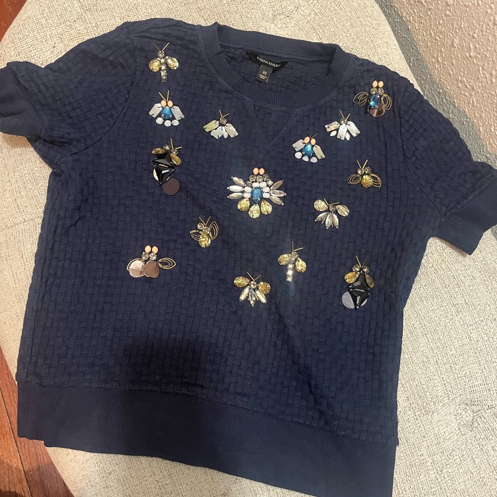 Banana Republic Navy Embellished Short Sleeve Top